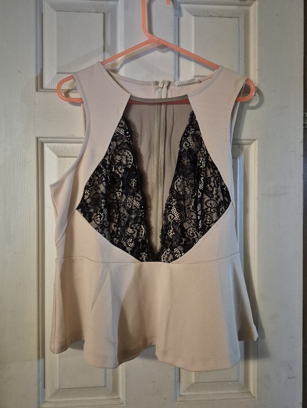Sleeveless Cream Peplum Tank Top with Black Lace Inset